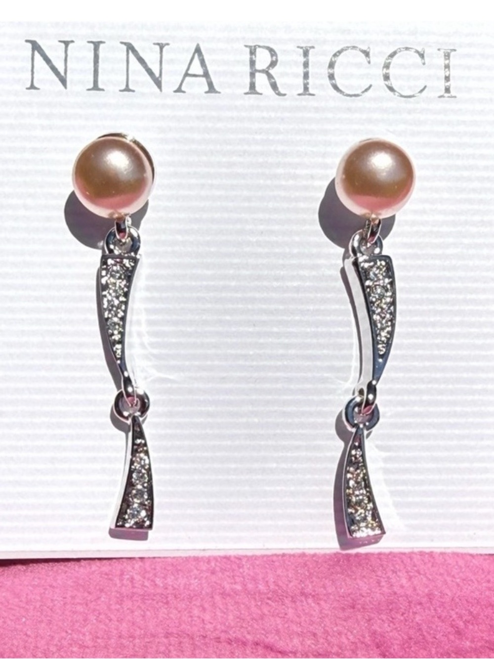 Nina Ricci NIP Pink Pearl Swarovski Crystal Silver Drop Earrings